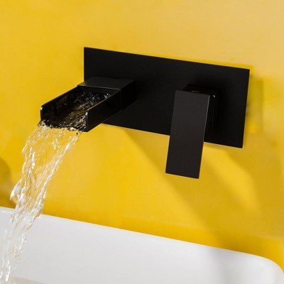 Munora Contemporary Waterfall Wall Mount Single Handle Bathroom Sink Faucet in Matte Black Solid Brass