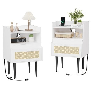 Nightstands Set of 2, Natural Rattan End Table with Charging Station, Modern Side Table with Drawer and Storage Shelf - 1 of 4