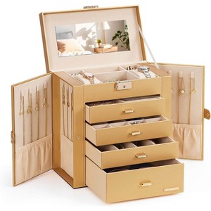 Synthetic Leather Jewelry Box with Lock, Large Storage Organizer with Mirror for Watches, Necklaces & Rings, White & Gold - 1 of 4