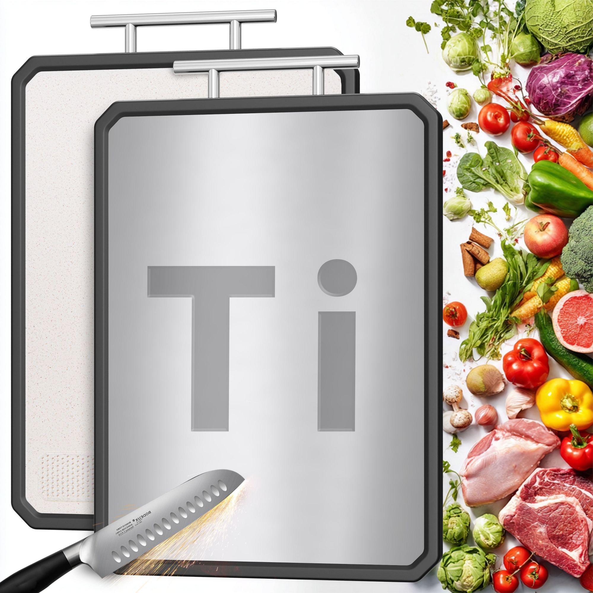 Titanium cutting board, 2-in-1 cutting board with wheat straw, double-sided cutting board with handle, 16" x 11" cutting board for kitchen
