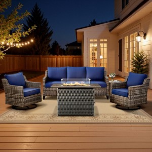 Belord 5-Piece Wicker Patio Set with 41" Fire Pit Table, All Weather Patio Set High-Back Swivel Chairs Set of 2, Patio Couch, Ottoman and Side Table - 1 of 4