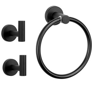 Itopfox 3 Piece Bathroom Hardware Set Matte Black Stainless Steel Towel Ring and 2 Wall Mounted Robe Hooks Space Saving Organizer - 1 of 4