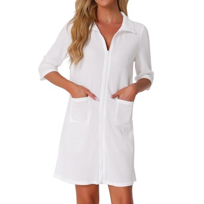 INSPIRE CHIC Women's Waffle Zip-Up 3/4 Sleeves Short House Dresses Bathrobe with Pockets