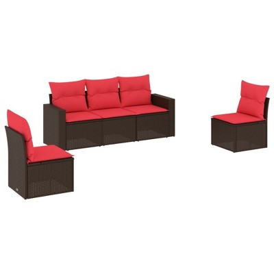 vidaXL 5 Piece Patio Sofa Set with Cushions Poly Rattan - Brown and Red Without Table