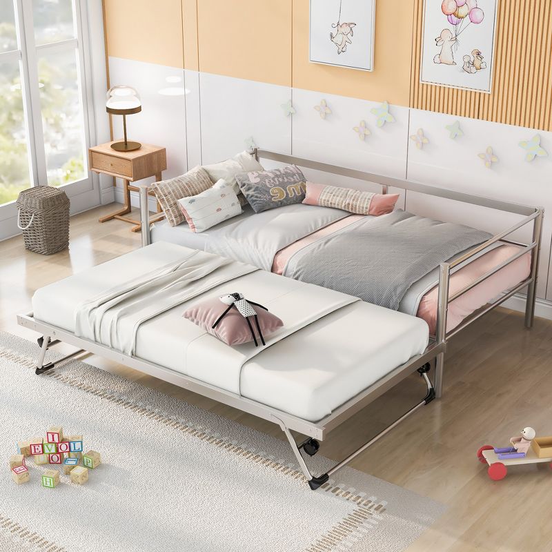 Twin Size Metal Daybed with Adjustable Trundle Bed, Pop Up Trundle-ModernLuxe, 2 of 11