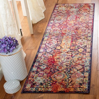 Navy and Orange Floral Motif Runner Rug