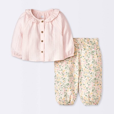 Baby Girls' Floral Lettuce Collar Gauze Top & Bottom Set - Cloud Island™ Pink 6-9M