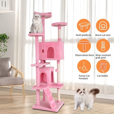 70in Pink Faux-Fur Multi-Level Cat Tree Tower with Sisal Scratching Posts