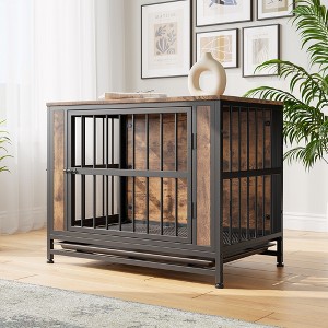 FURNIinspire Pet Crates And Houses Wooden Dog Crate Table, Dog Kennel With 2 Sliding Doors, Decorative Pet Cage Dog House, Brown, 32.8"*22.11"*26.26" - 1 of 4