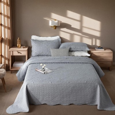 BAGOKIE Vintage Quilted Bedspread Luxury Embroidered Coverlet Set 3-Piece Grey