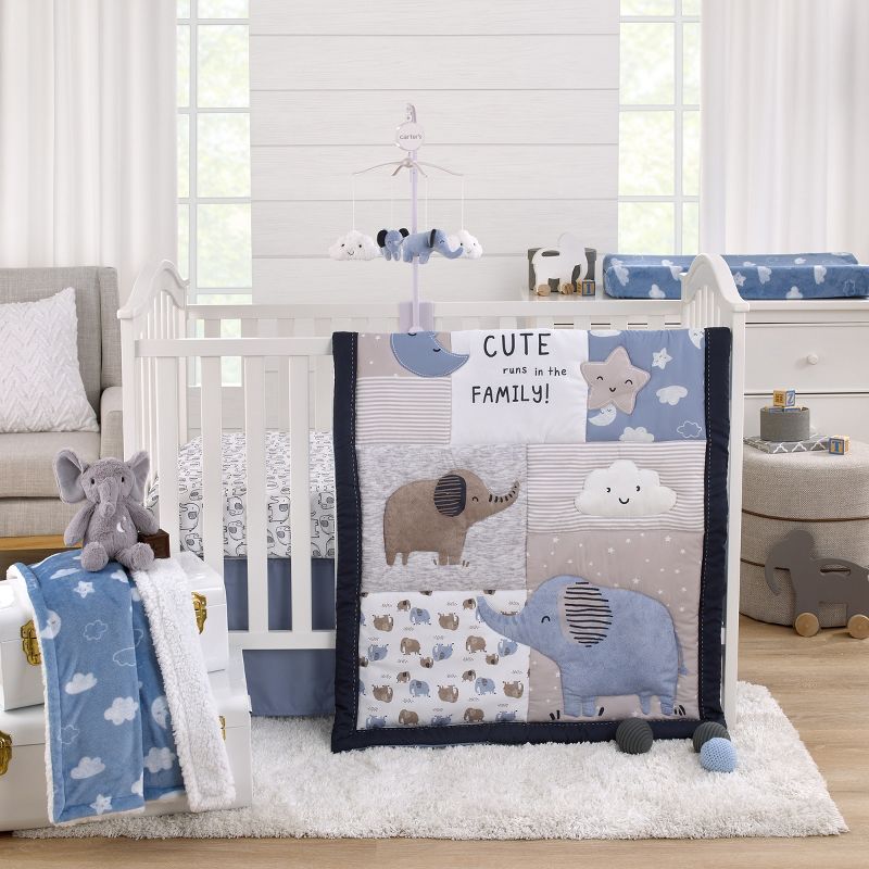 Carter's Blue Elephant 3 Piece Nursery Crib Bedding Set, 1 of 9