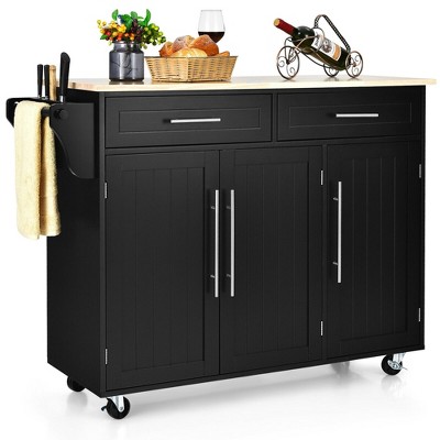 Tangkula Kitchen Island Trolley Cart Wood Top Rolling Storage Cabinet w/Knife Block Black
