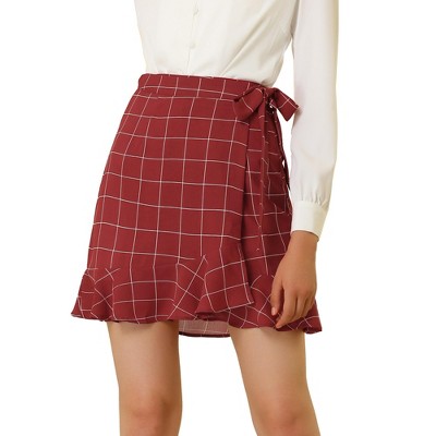 Allegra K Women's Plaid Tie Waist Short Ruffle Wrap Skirt