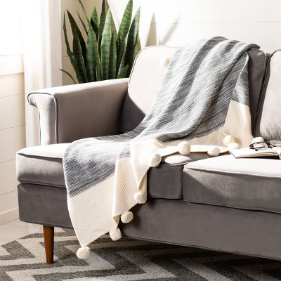 Orie 50" x 60" Dark Grey and Natural Cotton Pom Pom Throw Blanket