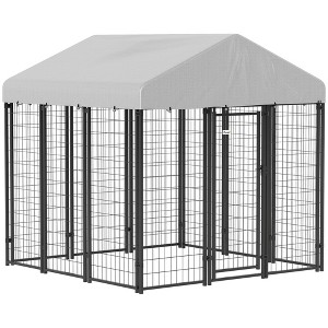 PawHut Outdoor Dog Kennel with Roof, Welded Wire Dog Playpen Enclosure with Escape-proof Lock, UV-Resistant & Waterproof Cover, 6' x 6' x 6', Silver - 1 of 4