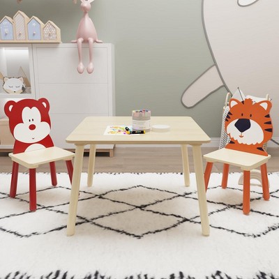 Kids Table And Chair Set Kids Wood Table With 4 Chairs Set Cartoon Animals Chairs Backrest Cute Table And Chair Set