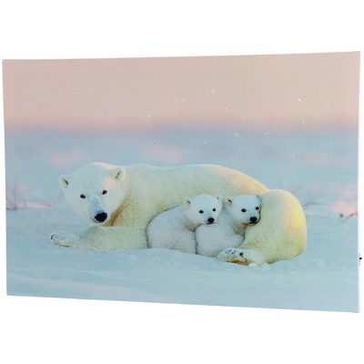 Northlight Fiber Optic Lighted Mama Polar Bear And Cubs Canvas Wall Art ...