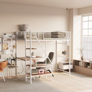 GDFStudio Holden Metal Loft Bed with Desk, Built-in Charging Station and LED Lighting - 1 of 4