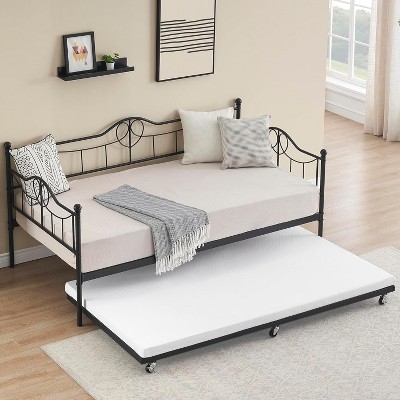 homfan Modern Twin Daybed with Trundle and Backrest, Metal Sofa Bed Frame with Steel Slat Support and Art Sweet Heart Design
