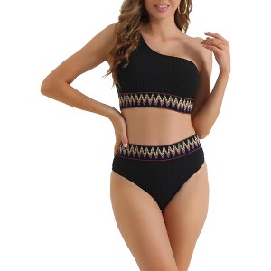 INSPIRE CHIC Women's Ribbed One Shoulder Bikini Sets High Waist Color Braided Trim Swimwear Bathing Suits 2 Pieces - 1 of 4
