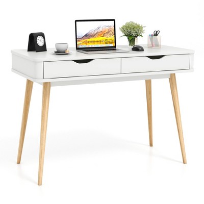 Tangkula 43.5" Writing Desk w/2 Drawers Anti-Tipping Kits & Solid Rubber Wood Legs