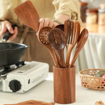 Deluxe 9-Piece Natural Wood Cooking Utensils Set with Holder