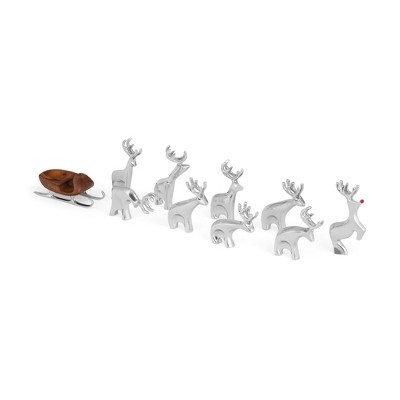 Nambe Miniature Figurine Set of 10 - Miniature Reindeer Figurines with Wooden Sleigh - Modern Holiday Figurine Set - Nambe Alloy Christmas Home Decor