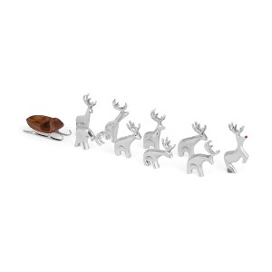 Nambe Miniature Figurine Set of 10 - Miniature Reindeer Figurines with Wooden Sleigh - Modern Holiday Figurine Set - Nambe Alloy Christmas Home Decor - 1 of 4