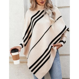 Women's Striped Batwing Sweater High Neck Asymmetrical Hem Knit Cape Pullover Top - 1 of 2