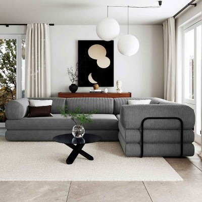 L-Shaped Modular Sofa, Sofa Bed for Living Rooms and Apartments, Upholstered Couch with Foam Filling and Corduroy Cushions-Coolbibila