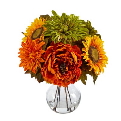 Nearly Natural 12-in Peony, Dahlia and Sunflower Artificial Arrangement in Glass Vase