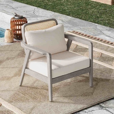 Modern Acacia Wood Club Chairs,Cream Fabric Cushion Patio Club Chair,Double Sided Woven Backrest Solid Acacia Wood Garden Chair-Coolbibila