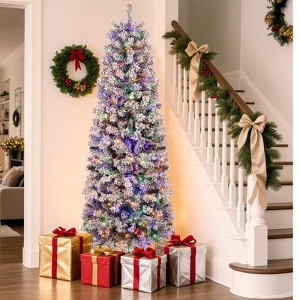 Gikpal 6ft Pre-Lit Snow Flocked Slim Pencil Christmas Tree, 502 Lifelike Branch Tips, 250 Multicolor LED Lights & Sturdy Metal Stand, Foldable Base - 1 of 4