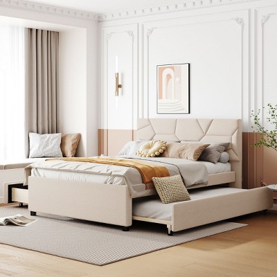 KTMBDW Full/Queen Size Upholstered Platform Bed with Brick Pattern Headboard and Twin Size XL Size Trundle&2 Drawers, No Box Spring Needed