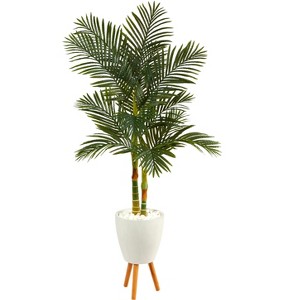 Nearly Natural 70-in Golden Cane Artificial Palm Tree in White Planter with Stand - 1 of 3