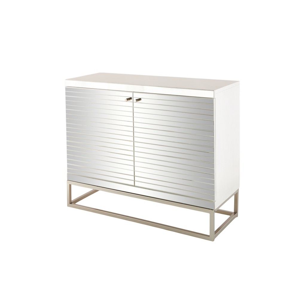 Glass 2 Door Room Cabinet with Linear Striped Panels and Gray Iron Base Silver - Olivia & May