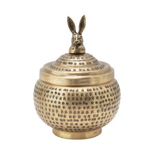 Round Hammered Metal Container with Finial, Brass Finish - 1 of 4