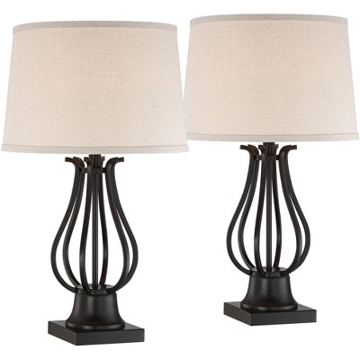 Regency Hill Modern Table Lamps 26" High Set of 2 with AC Power Outlet in Base Bronze Fabric Drum Shade Living Room Bedroom Bedside Office