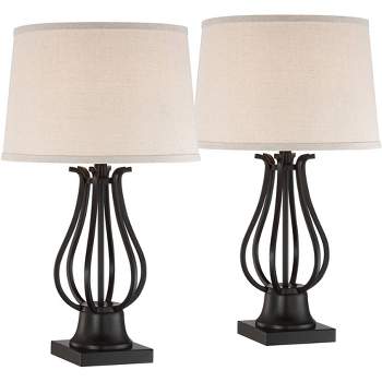 Regency Hill Hadley Modern Table Lamps Set of 2 26" High Bronze with AC Power Outlet Light Brown Drum Shade for Bedroom Living Room Bedside House Desk
