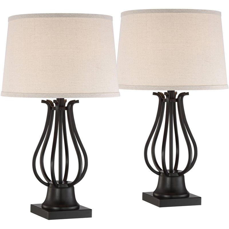 Regency Hill Hadley Modern Table Lamps Set of 2 26" High Bronze with AC Power Outlet Light Brown Drum Shade for Bedroom Living Room Bedside House Desk, 1 of 10