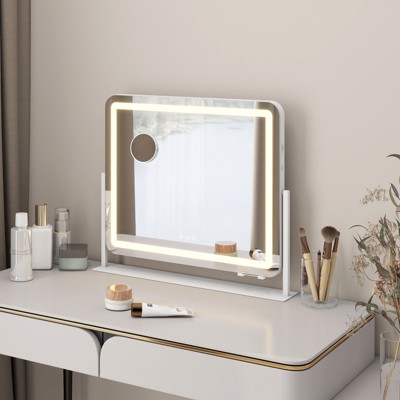 ELECWISH 23.6" x 19.7" Rectangle LED Vanity Mirror with Stand - 3-Color Touch Control, 10X Magnifier, USB Port, Wall Mountable, White