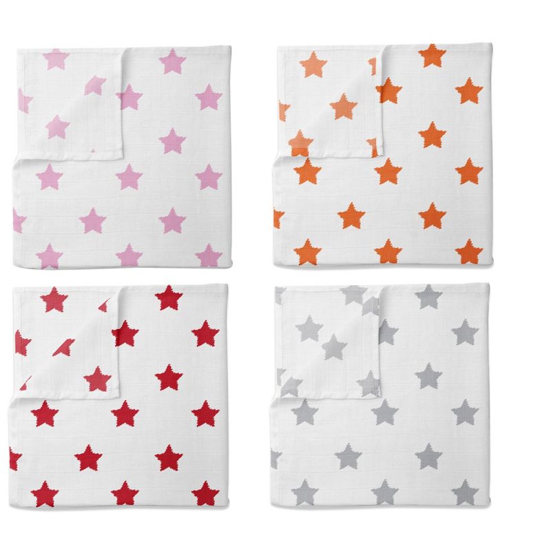 Bacati - Stars Girls Swaddling Muslin Blankets of 4 (Pink, Orange,Red,Gray), 2 of 6