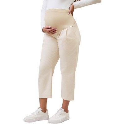 INSPIRE CHIC Women's Cotton Maternity Pants Pleated Over Belly Straight Elastic Waist with Pocket Slack Pregnancy Lounge