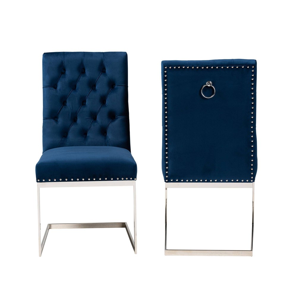 Photos - Chair 2pc Sherine Velvet Fabric and Metal Dining  Set Navy Blue/Silver - Ba