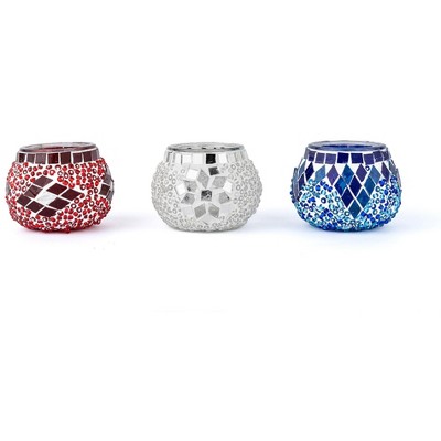 Kafthan 2.4 in. Handmade Orange and Blue and White Mosaic Glass Tealight Candle Holder (Set of 3)