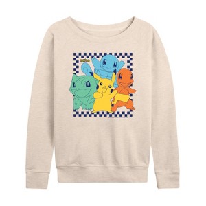 Women's - Pokémon - Group Checker Frame Lightweight French Terry Wide Neck Long Sleeve Shirt - 1 of 4