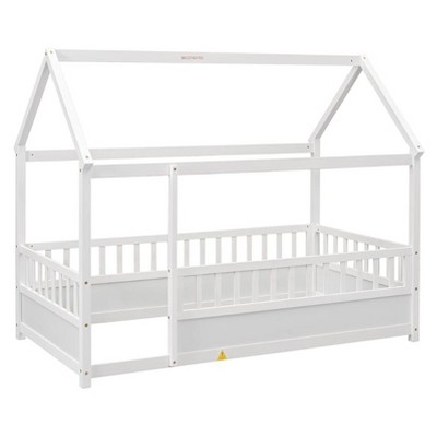 Pine Queen Size Canopy Platform Bed with Fence Rail - White Finish for Bedroom Decor
