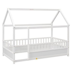 Pine Queen Size Canopy Platform Bed with Fence Rail - White Finish for Bedroom Decor - 1 of 2