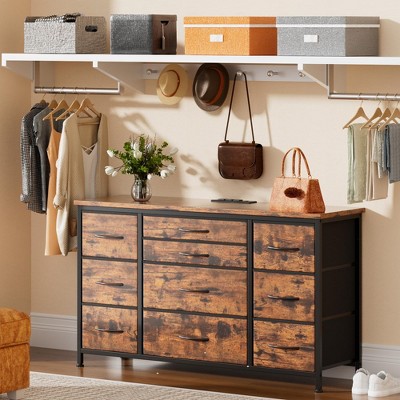 Dresser for Bedroom with Power Outlets, 55 inch TV Stand with Wood Tabletop, 10 Drawers Dresser with Big Storage