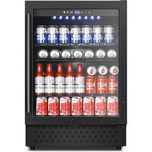 Tylza Beverage Refrigerator 24 Inch, Under Counter/Freestanding Drink Fridge, 190 Cans Beverage Cooler with Glass Reversible Door, ETC, Black - 1 of 4